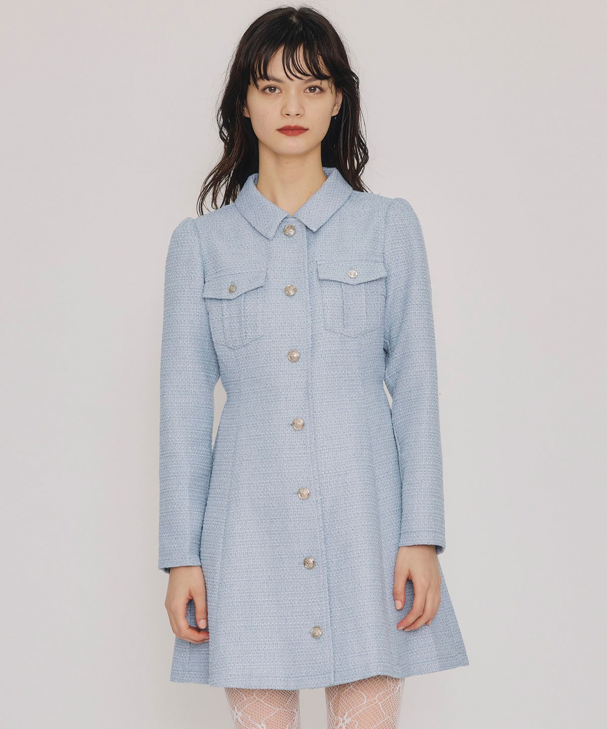 エンブレムボタンツイードシャツミニワンピース