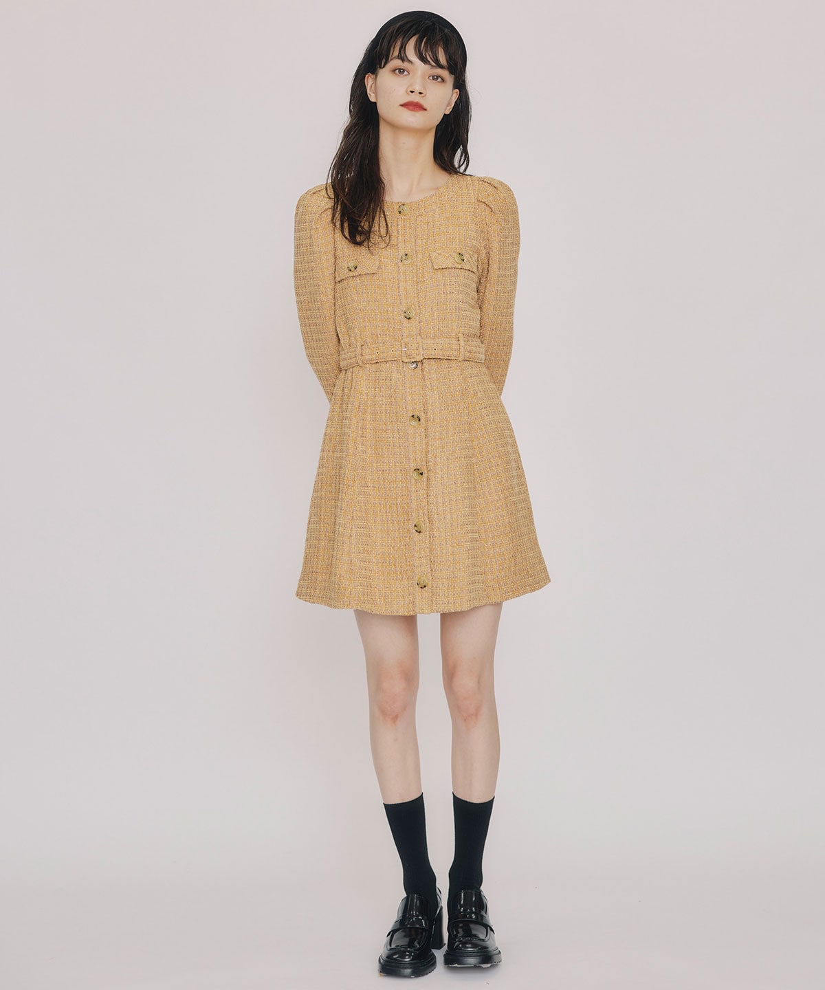 MIXツイードパフスリーブミニワンピース