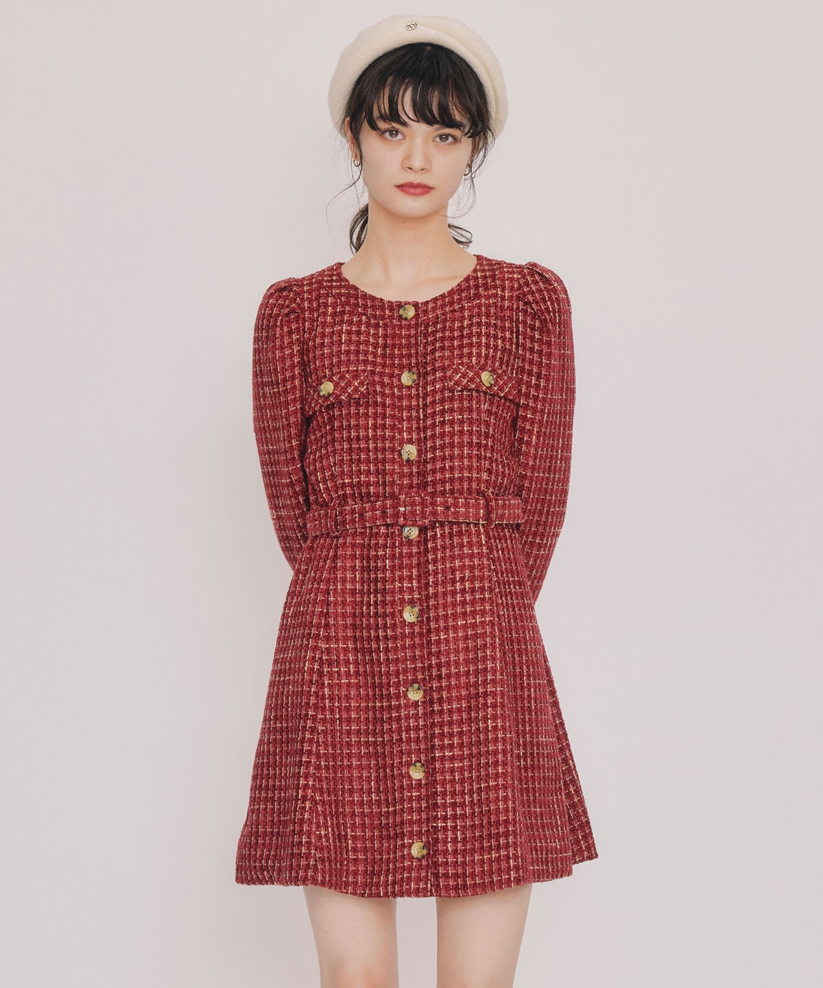 MIXツイードパフスリーブミニワンピース
