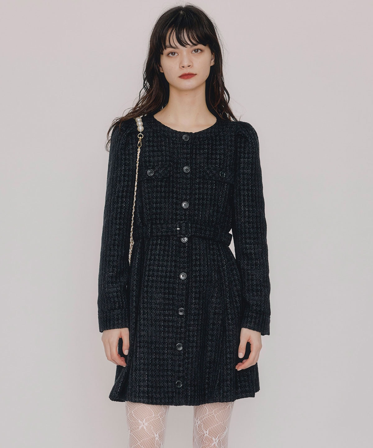 MIXツイードパフスリーブミニワンピース