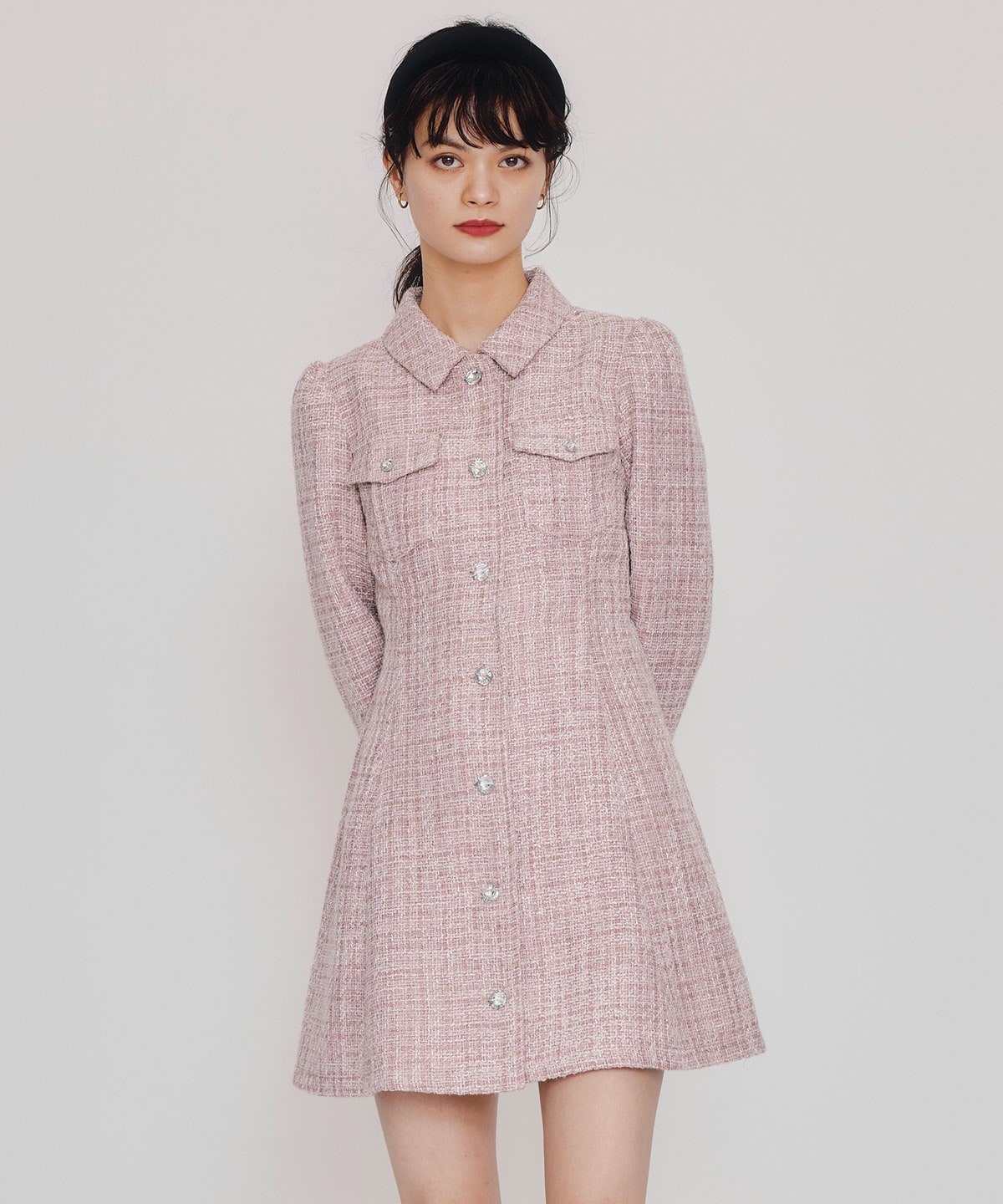 ビジューボタンファンシーツイードシャツミニワンピース