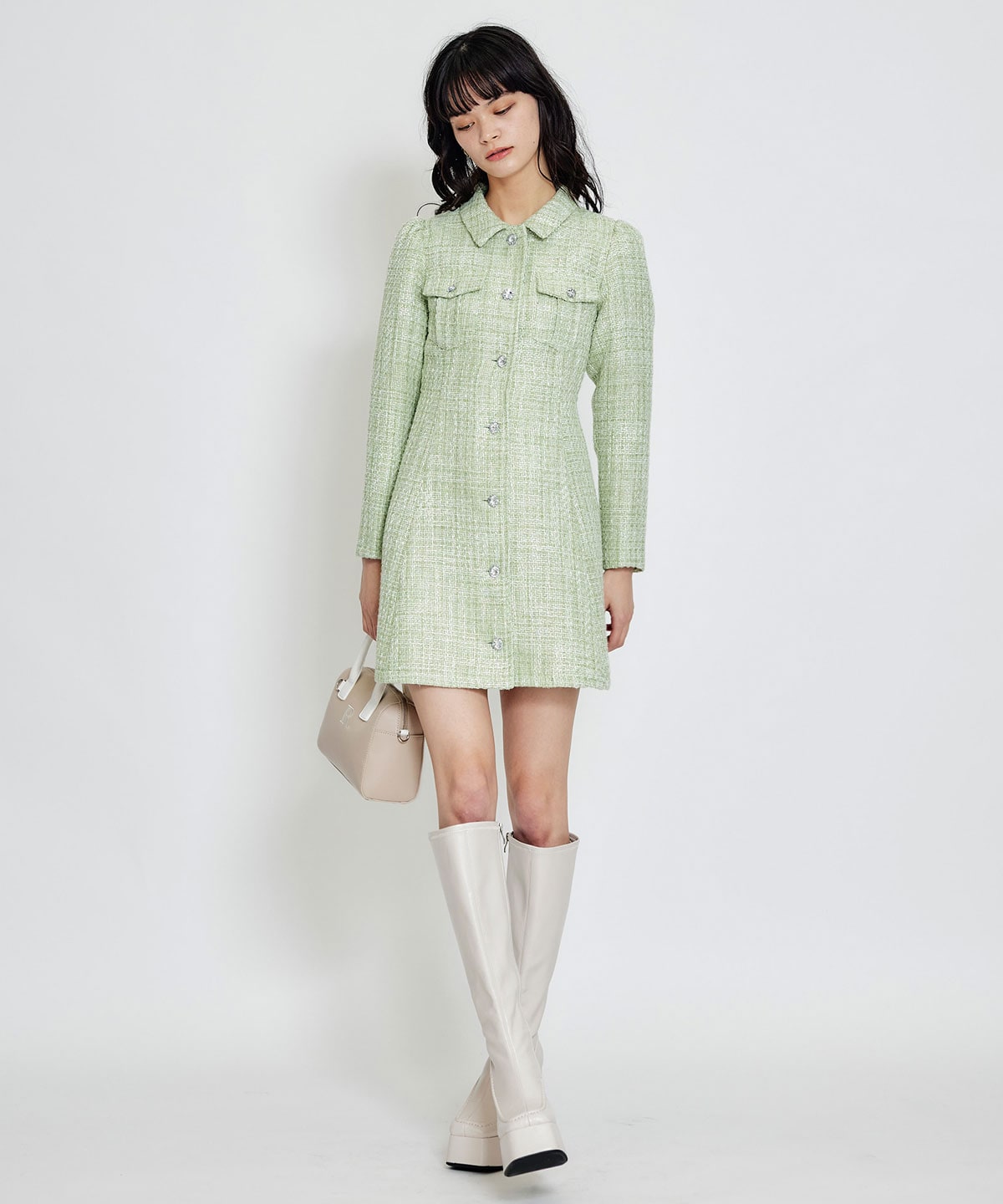 ビジューボタンファンシーツイードシャツミニワンピース