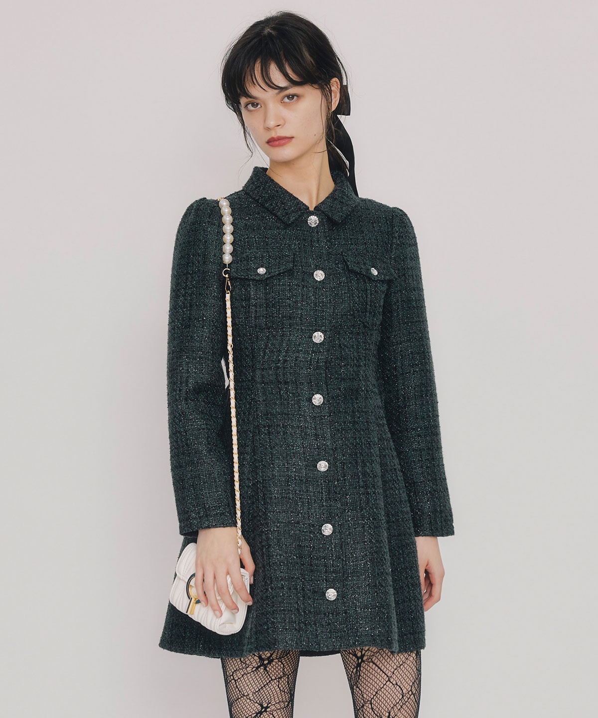 ビジューボタンファンシーツイードシャツミニワンピース