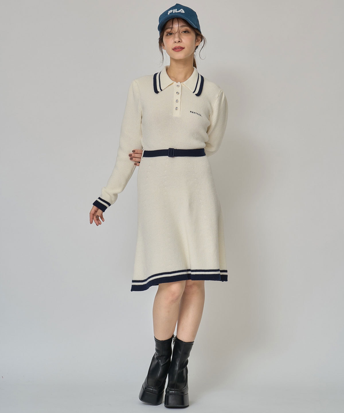 バイカラーポロニットロングスリーブミニワンピース