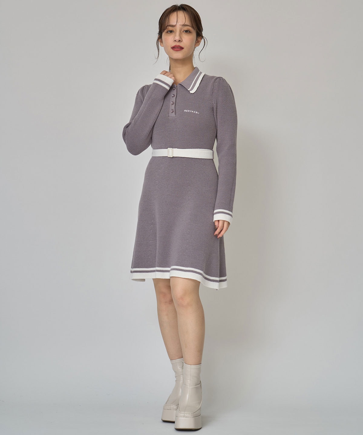 バイカラーポロニットロングスリーブミニワンピース