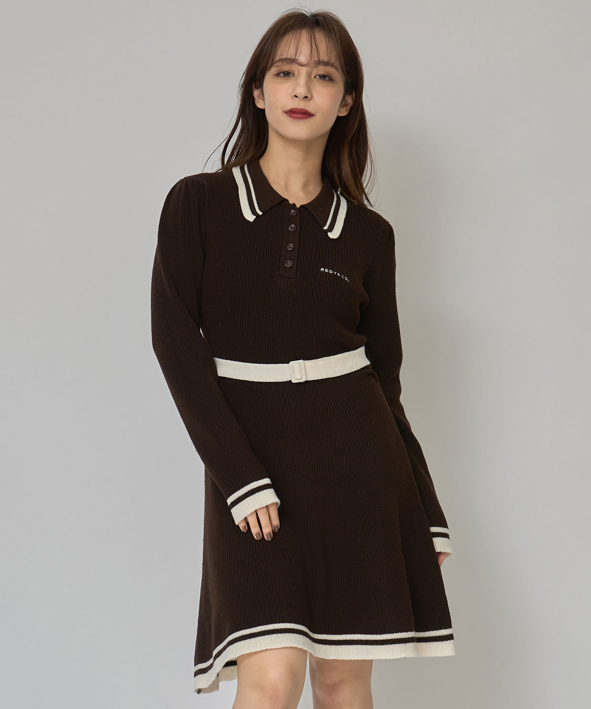 バイカラーポロニットロングスリーブミニワンピース