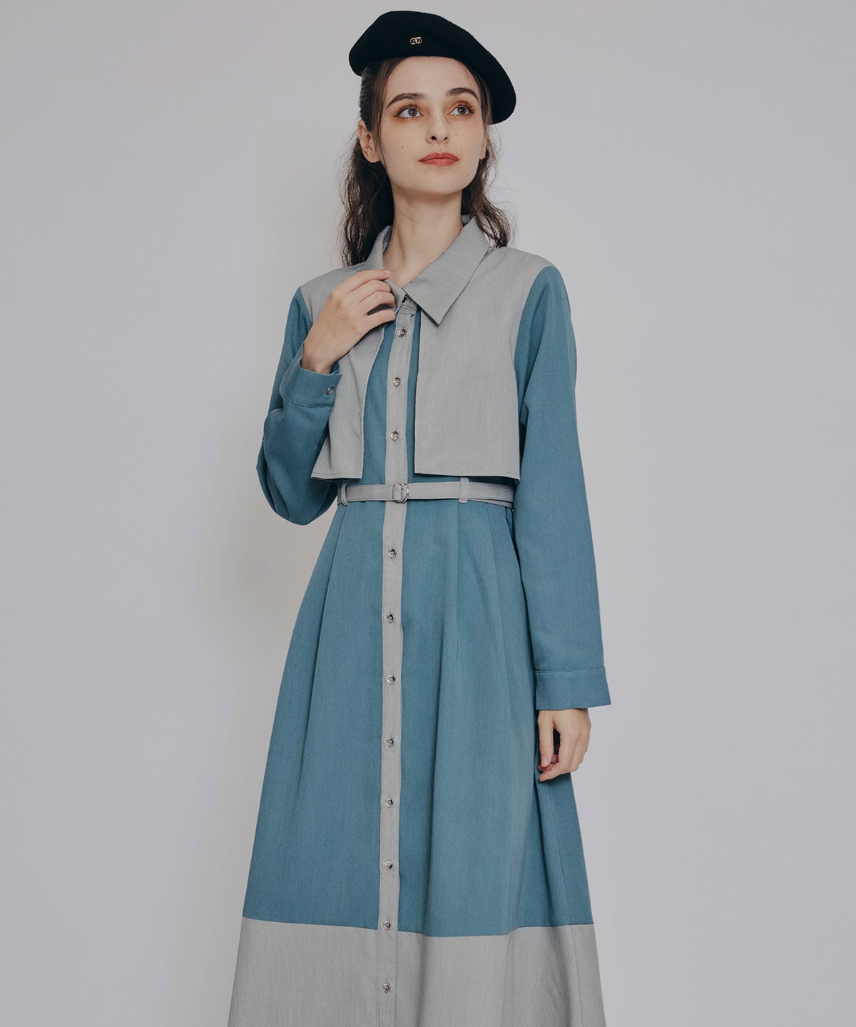 カラーブロッキングシャツロングフレアワンピース