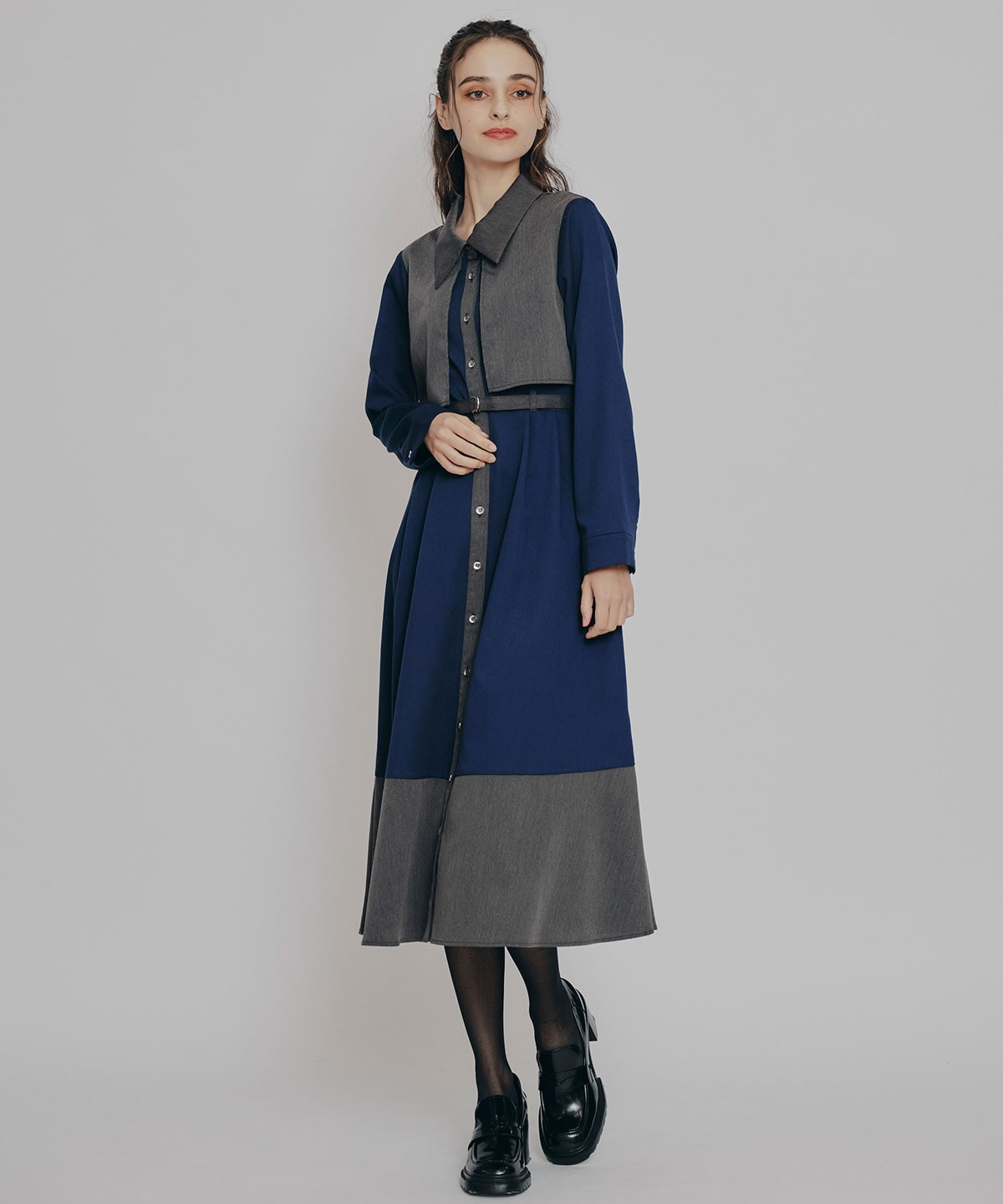 カラーブロッキングシャツロングフレアワンピース