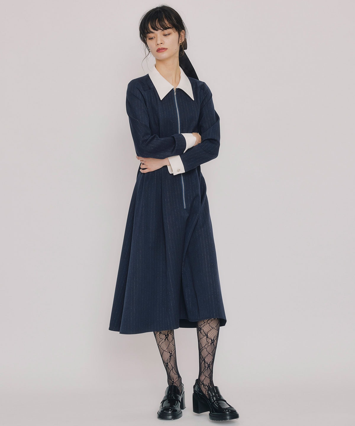 フロントZIPストライプロングワンピース