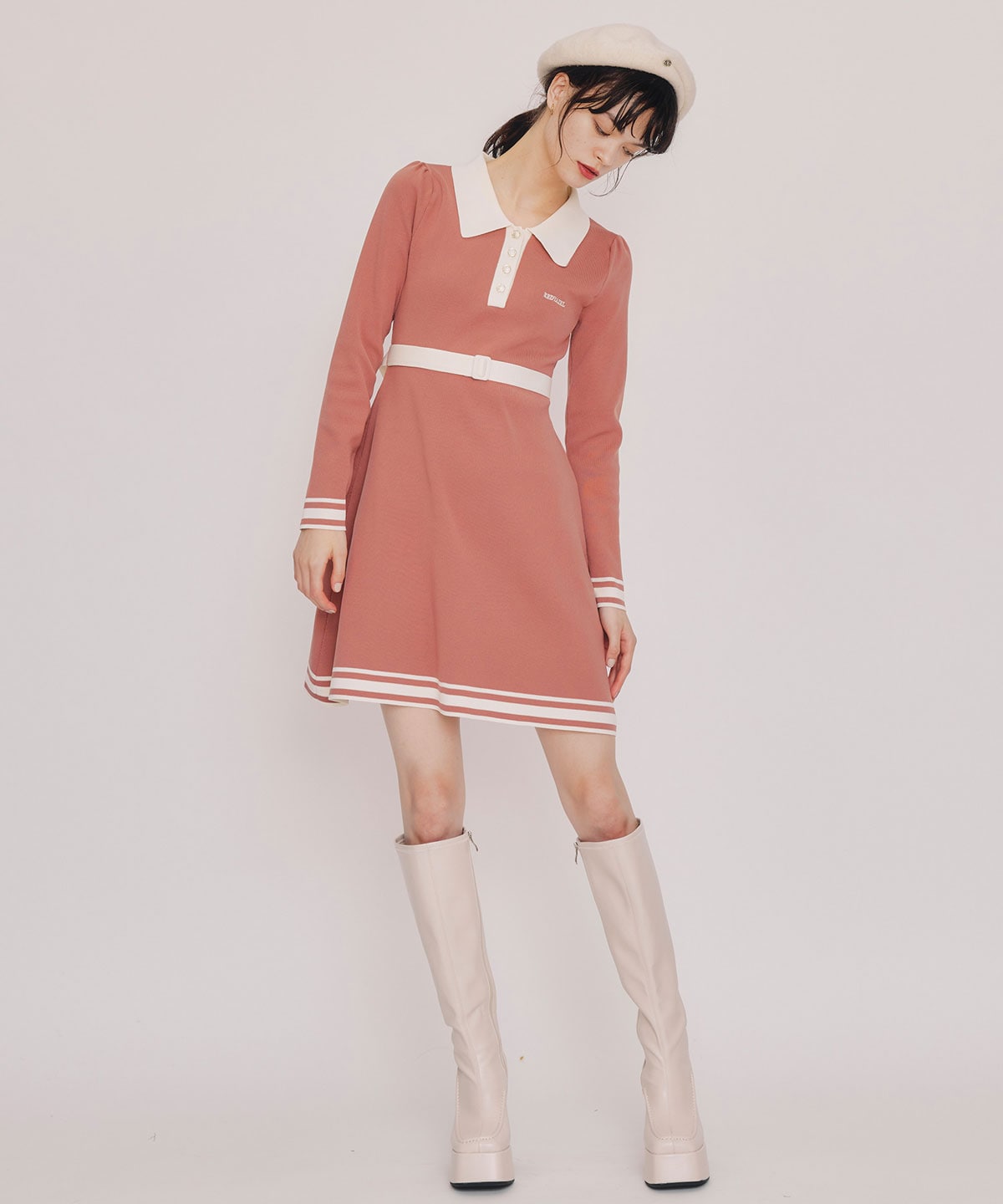 バイカラーポロニットミニワンピース
