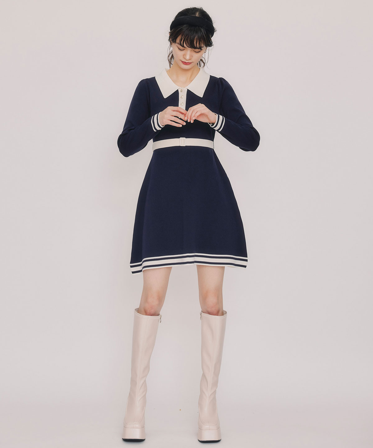 バイカラーポロニットミニワンピース