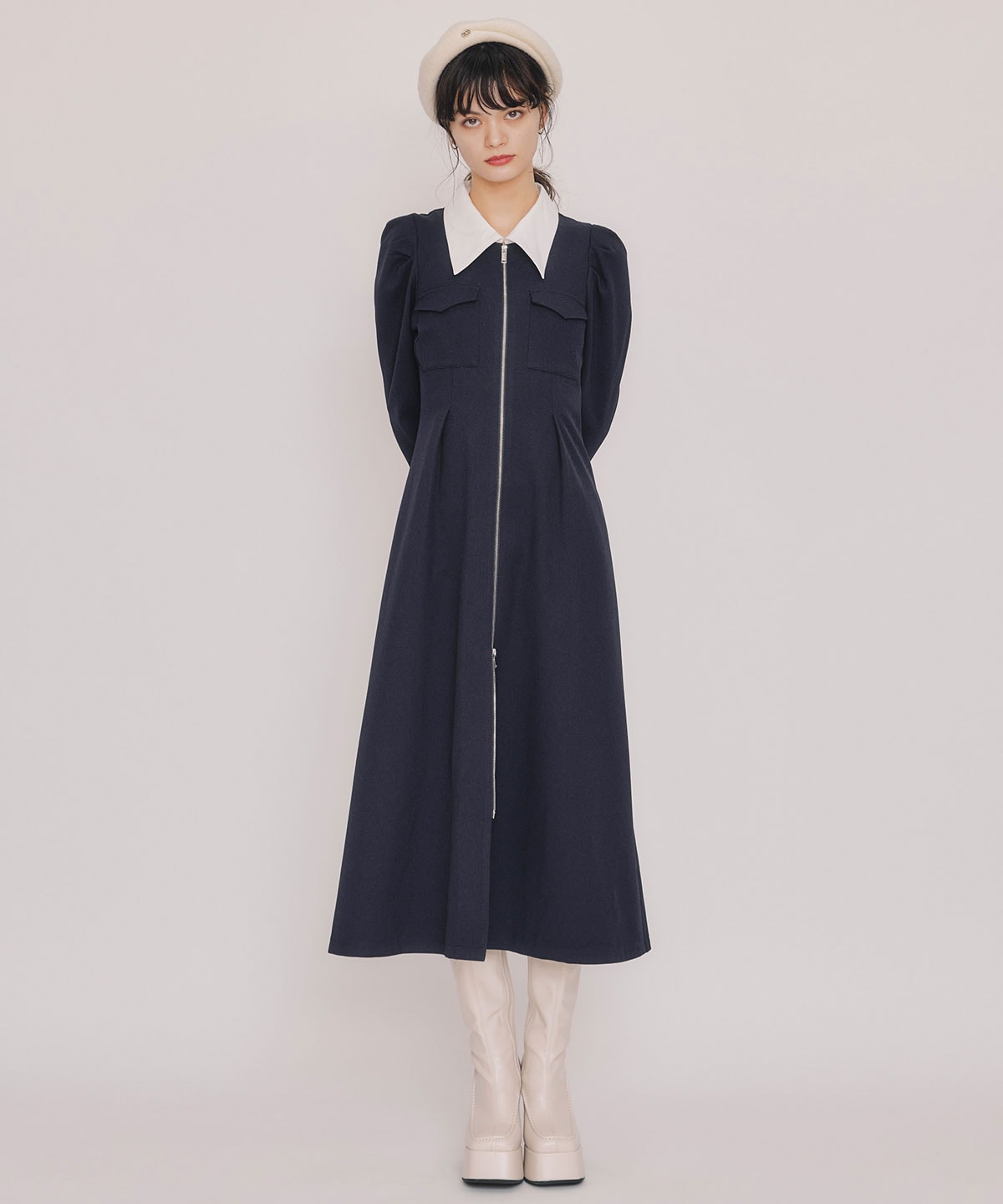 フロントZIPバイカラーロングワンピース