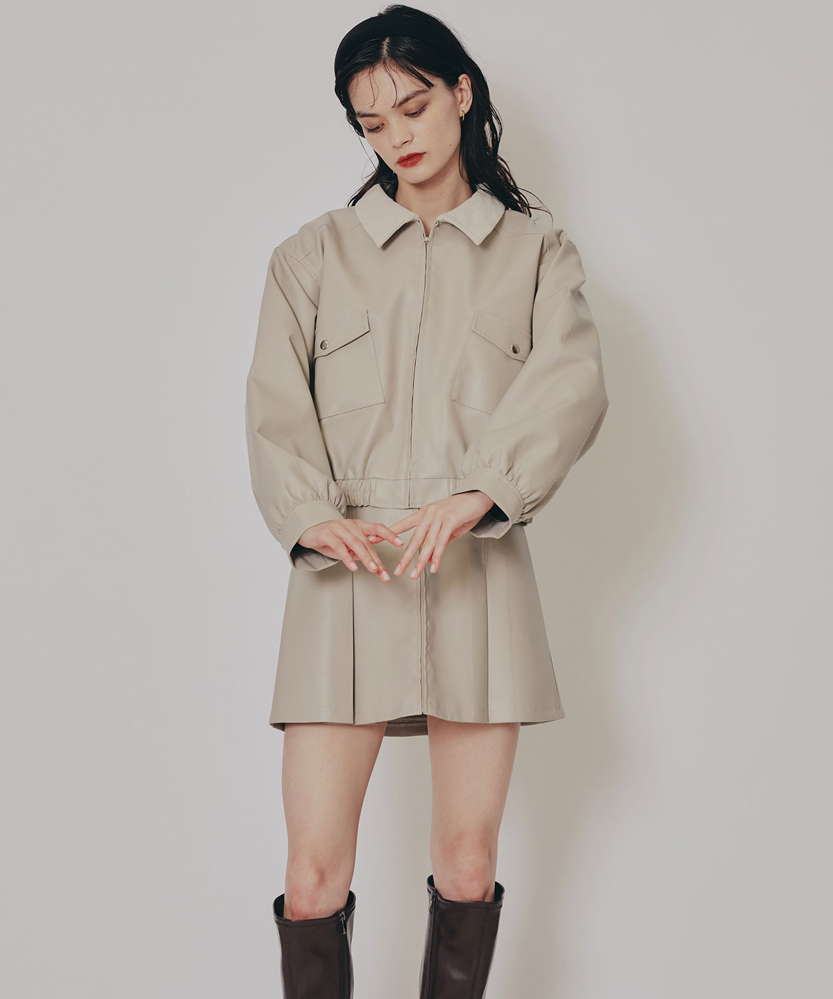 【セットアップ可能】フェイクレザージップブルゾン