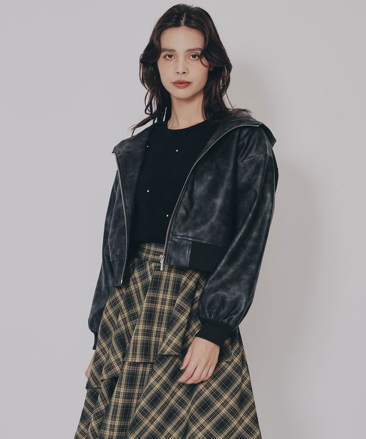 ヴィンテージライクレザーフーディブルゾン