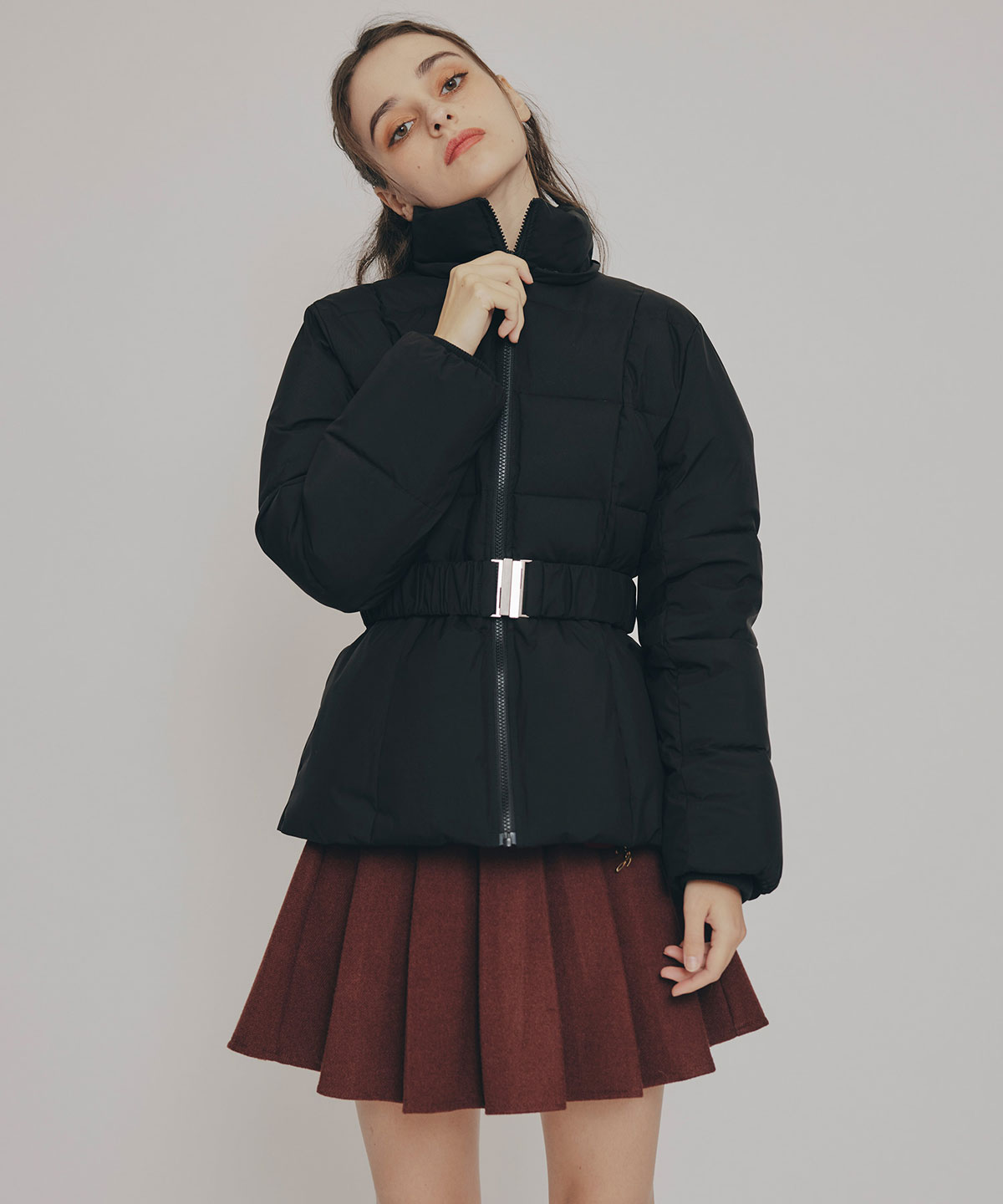 ベルトデザインキルティングファイバーダウンジャケット