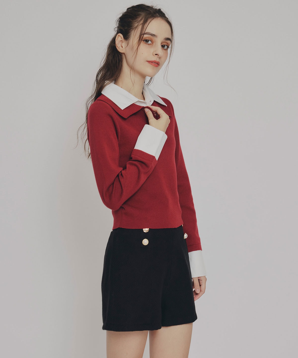 ダブルカラーポロニットトップス