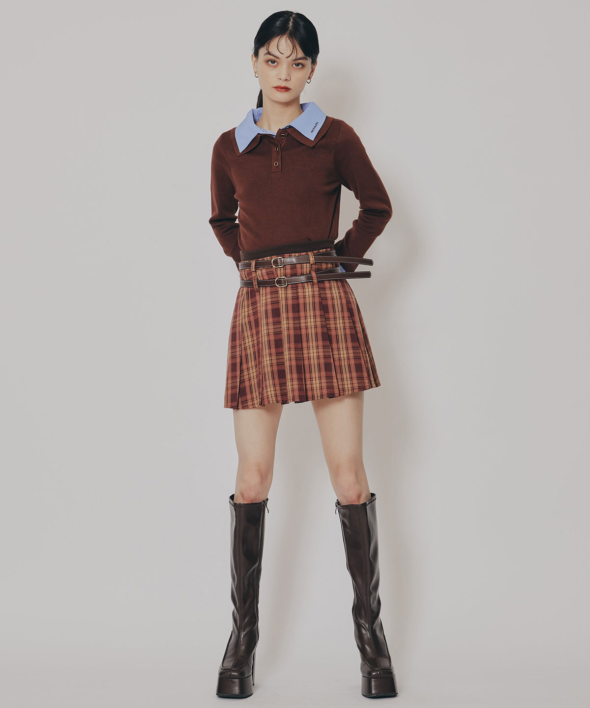 ダブルカラーポロニットトップス