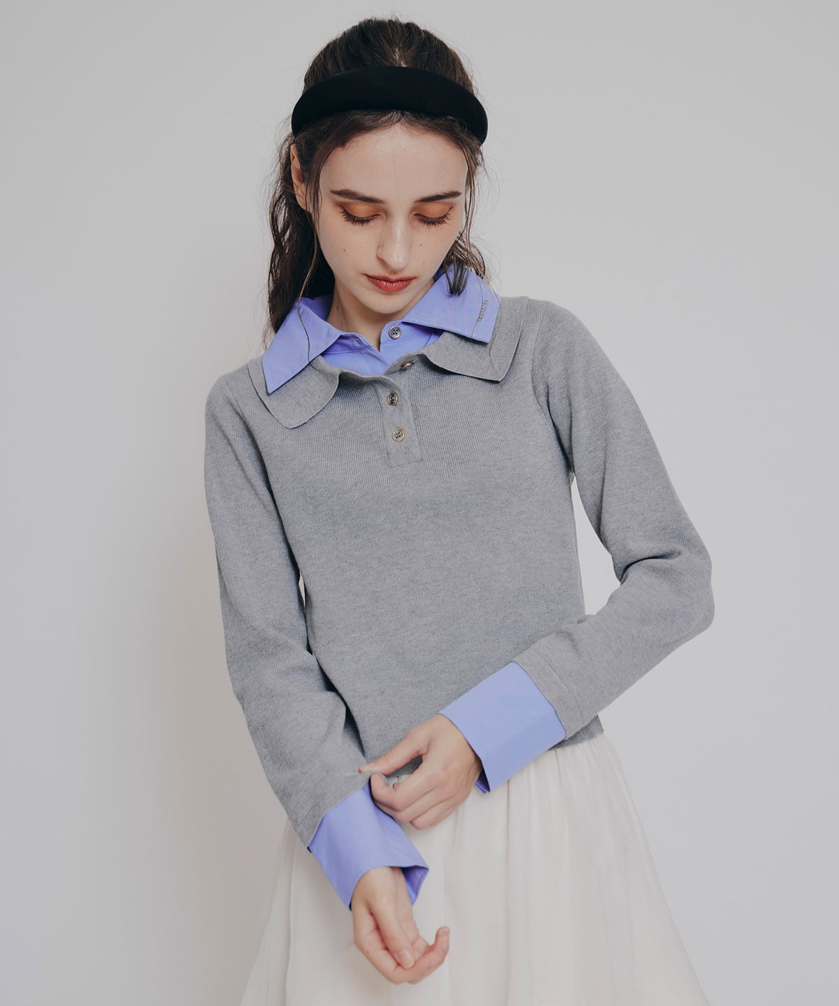 ダブルカラーポロニットトップス