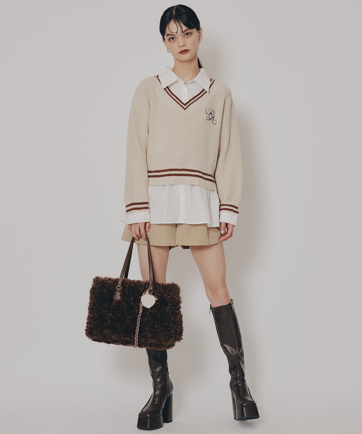 レイヤードシャツドッキングニットプルオーバー