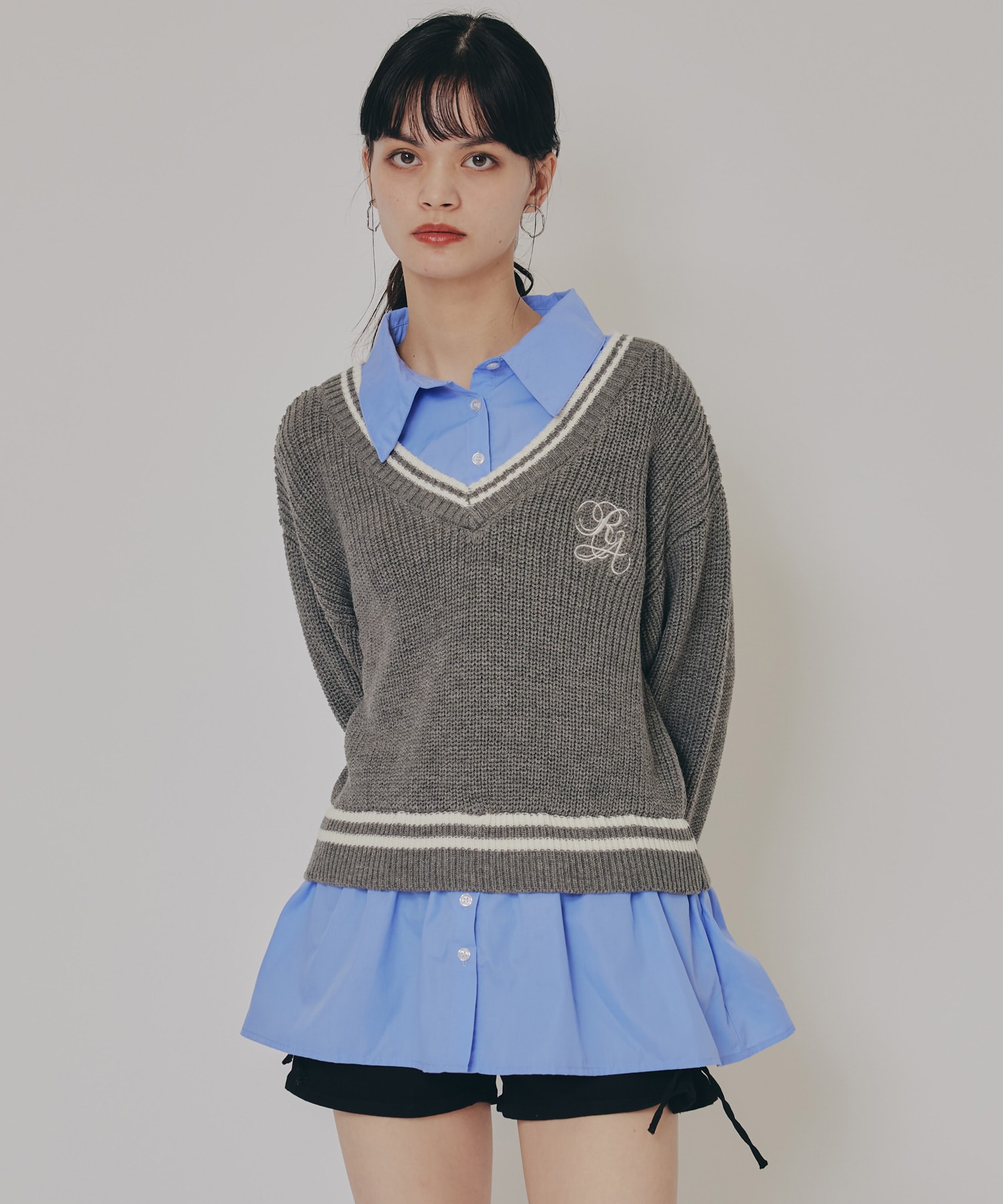 レイヤードシャツドッキングニットプルオーバー