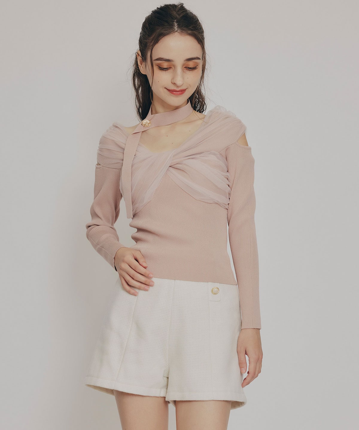 チョーカークロスチュールニットトップス