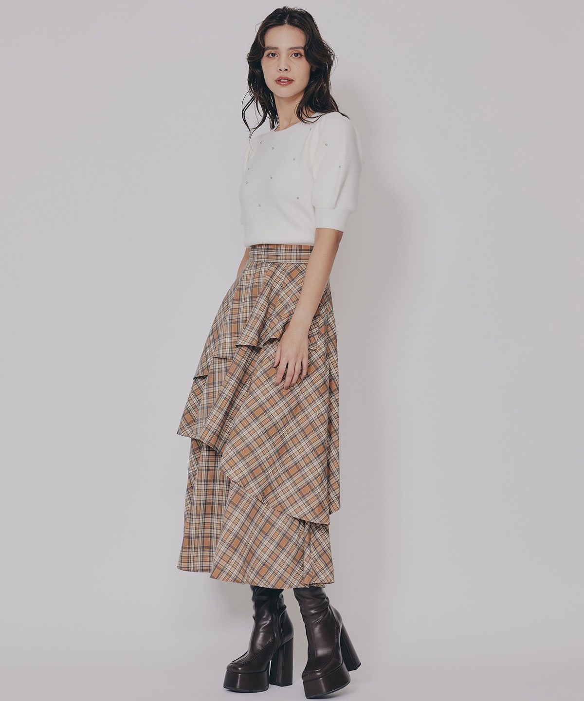 ビジューパフスリーブニットトップス