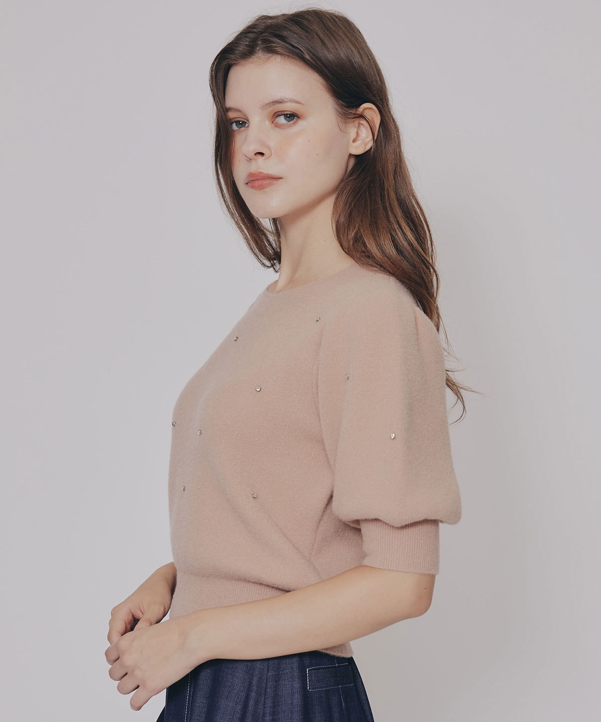 ビジューパフスリーブニットトップス