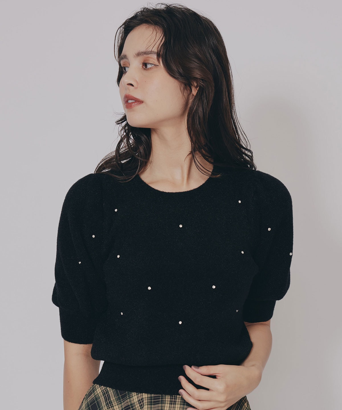 ビジューパフスリーブニットトップス