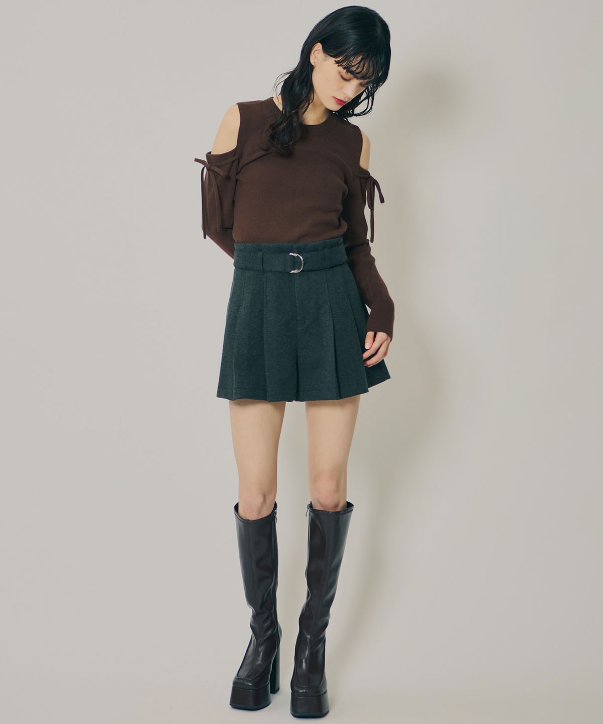 リボンオフショルダーニットトップス