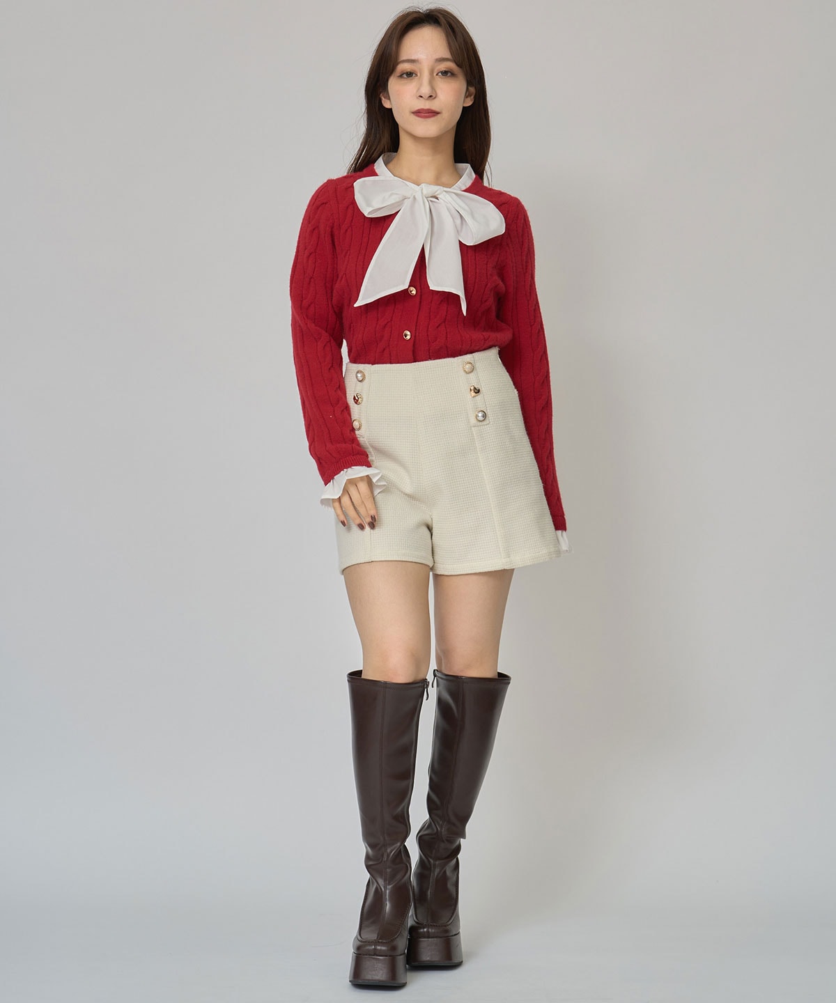 ボウタイケーブルニットプルオーバー