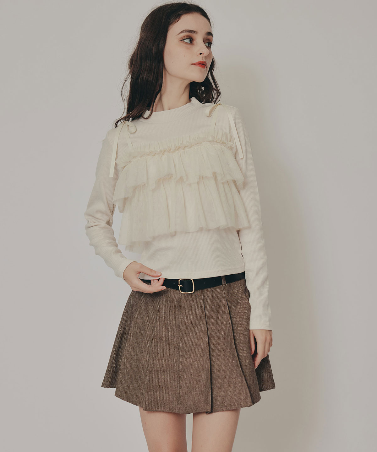 リボンチュールフリルビスチェニットトップス