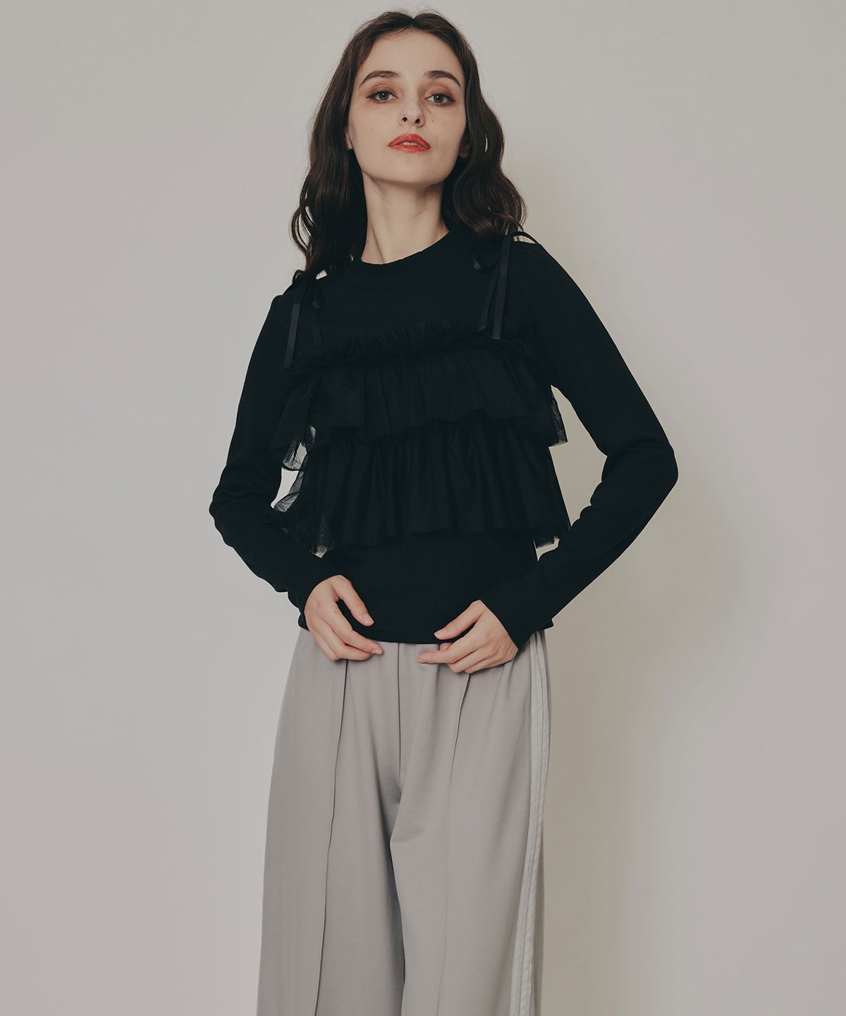 リボンチュールフリルビスチェニットトップス