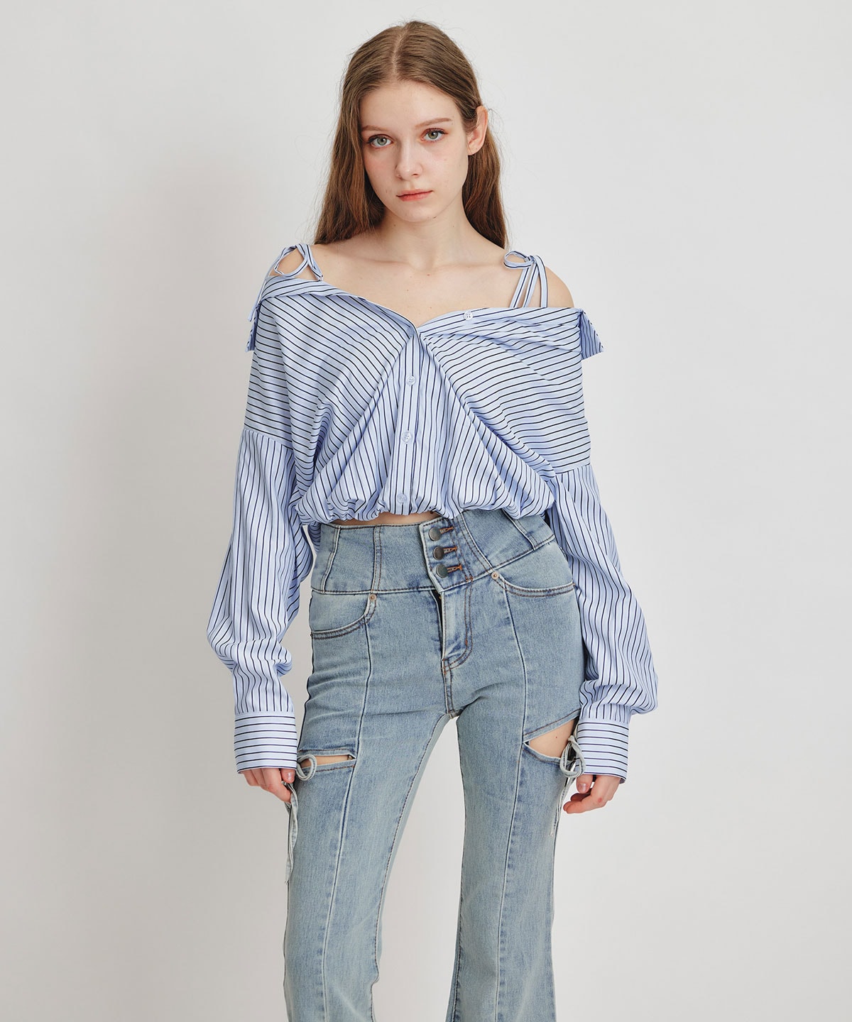 ベアレイヤードストライプバルーンオフショルブラウス