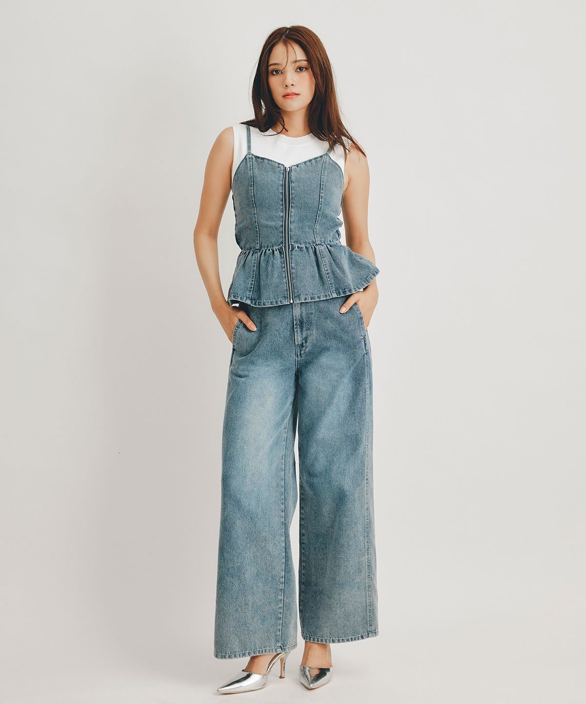 【Vintage Denim Series】ヴィンテージウォッシュバックレースアップデニムビスチェ