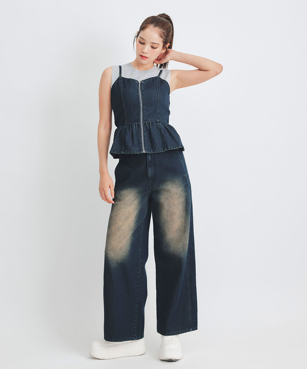 【Vintage Denim Series】ヴィンテージウォッシュバックレースアップデニムビスチェ