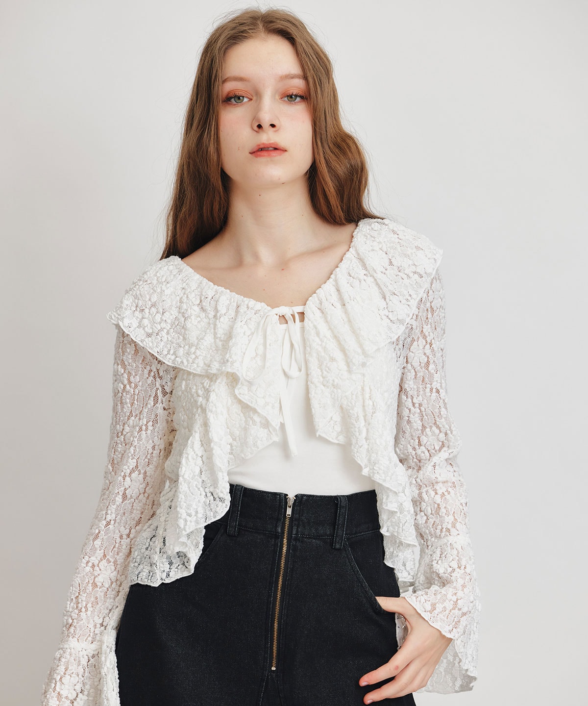 レースフリルカラーショートカーディガン