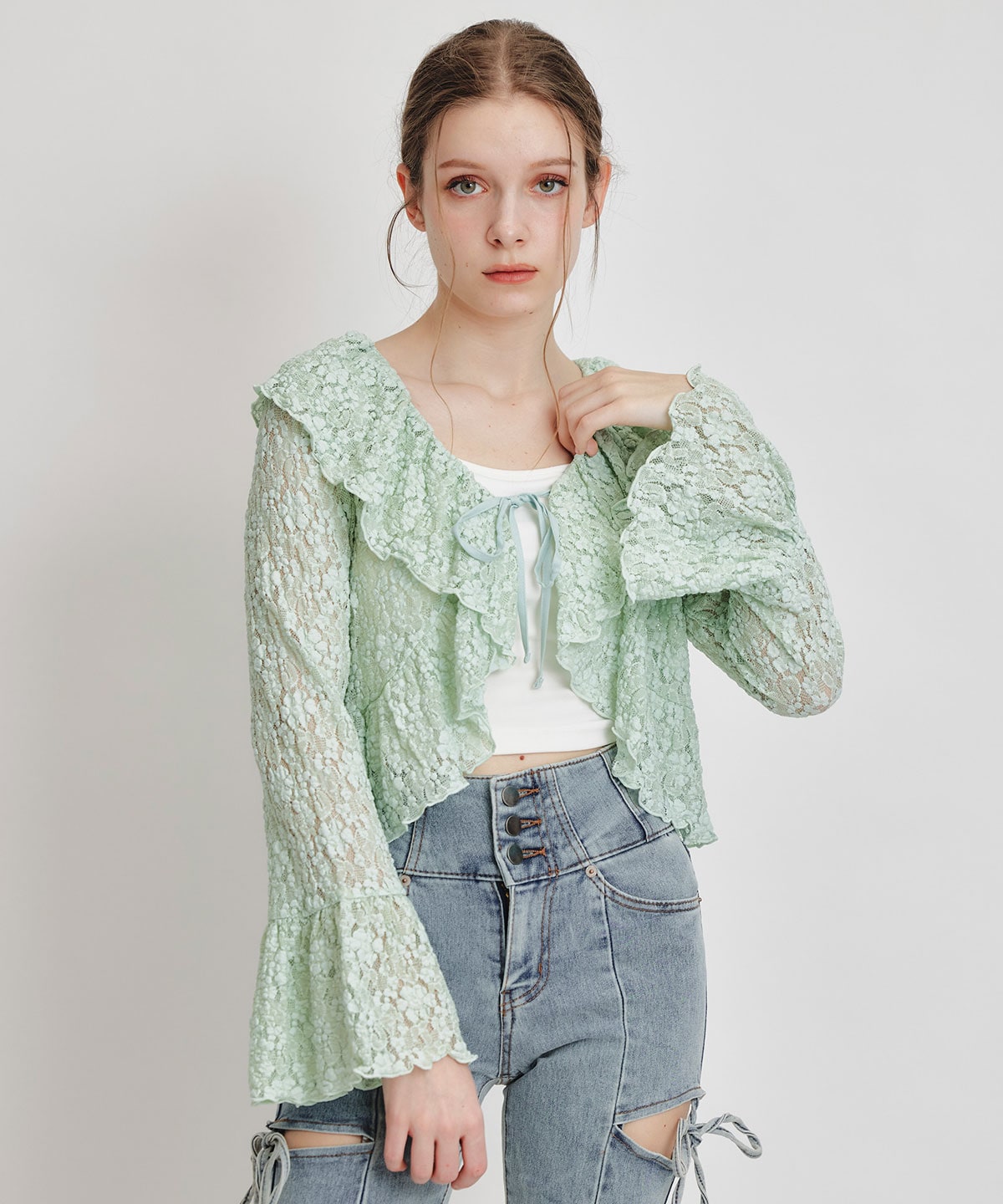 レースフリルカラーショートカーディガン