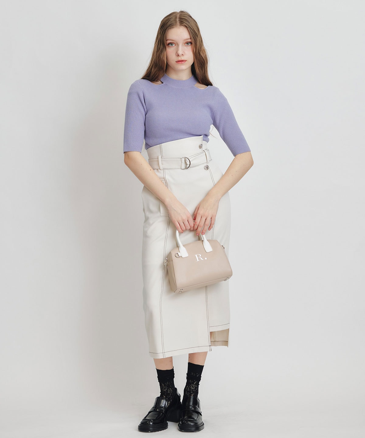 バイカラーステッチカッティングハイウエストタイトロングスカート