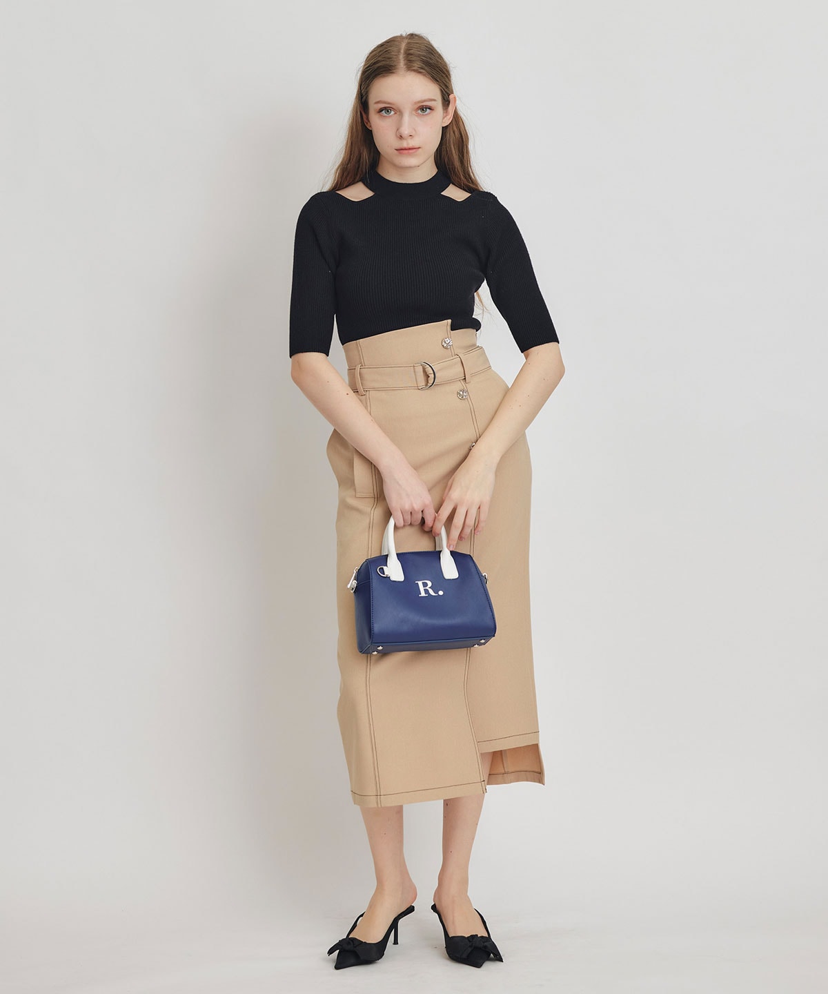 バイカラーステッチカッティングハイウエストタイトロングスカート