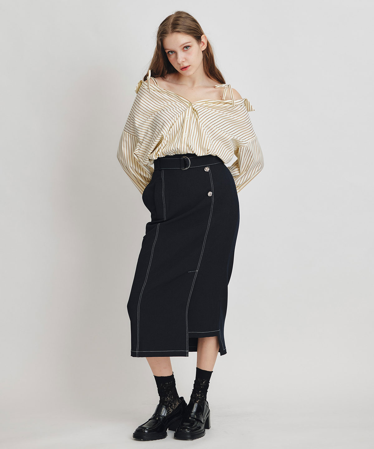 バイカラーステッチカッティングハイウエストタイトロングスカート