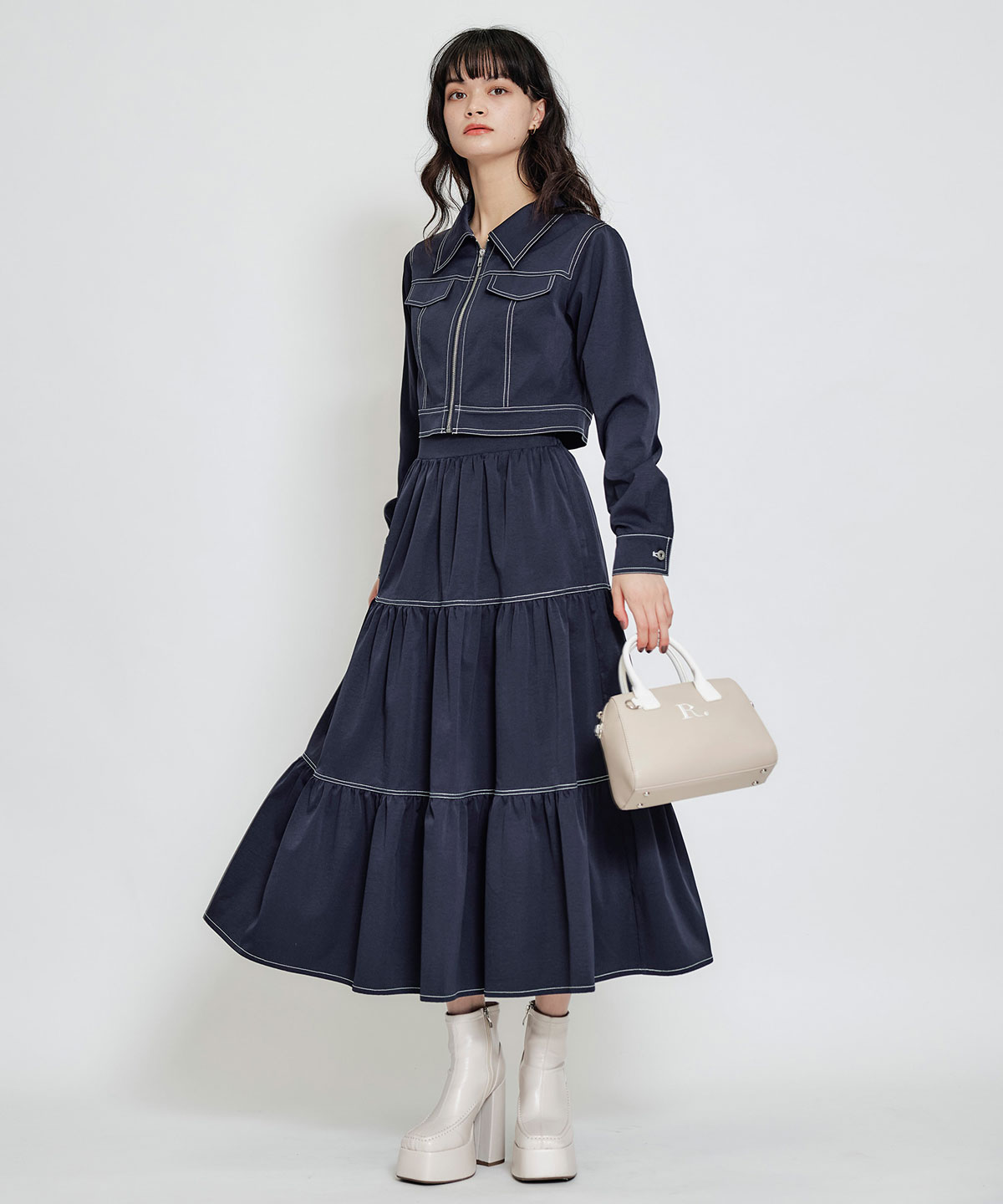 【セットアップ可能】バイカラーステッチティアードロングスカート