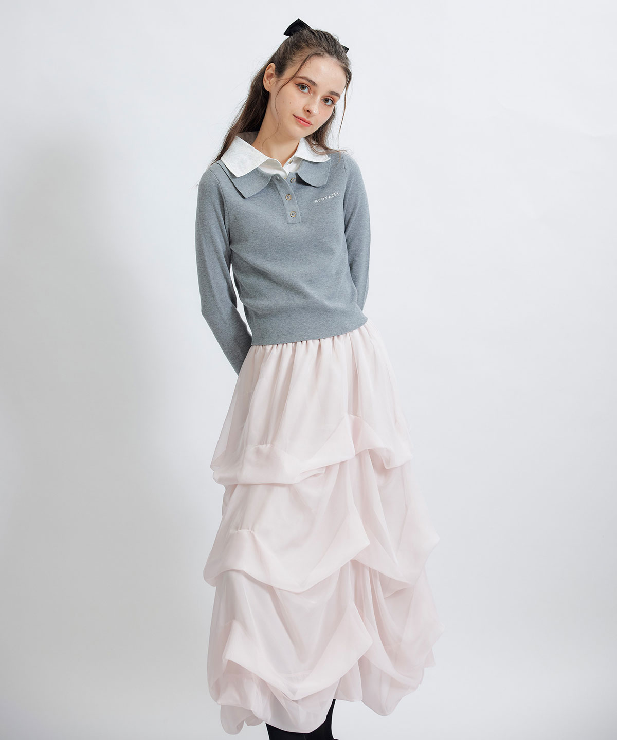 タックバルーンボリュームシフォンロングスカート