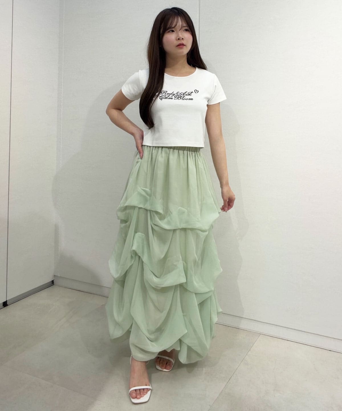 タックバルーンボリュームシフォンロングスカート