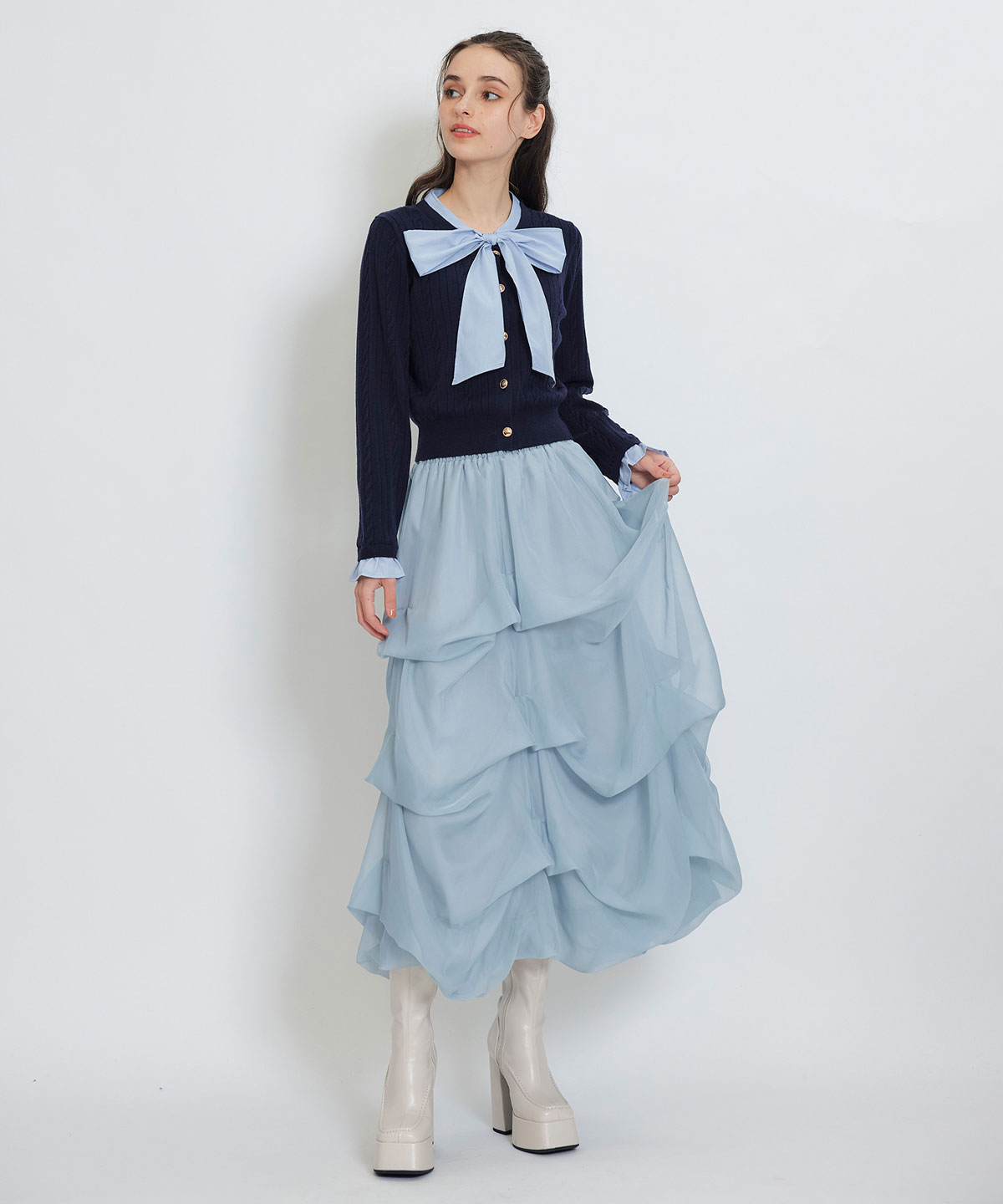 タックバルーンボリュームシフォンロングスカート