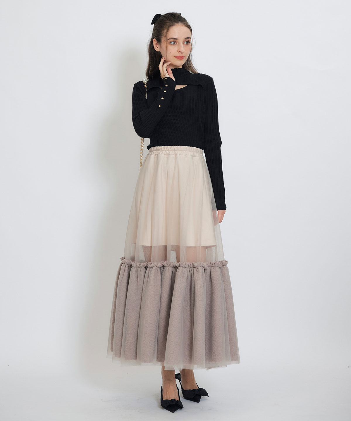 ボリュームシアーチュールフレアロングスカート