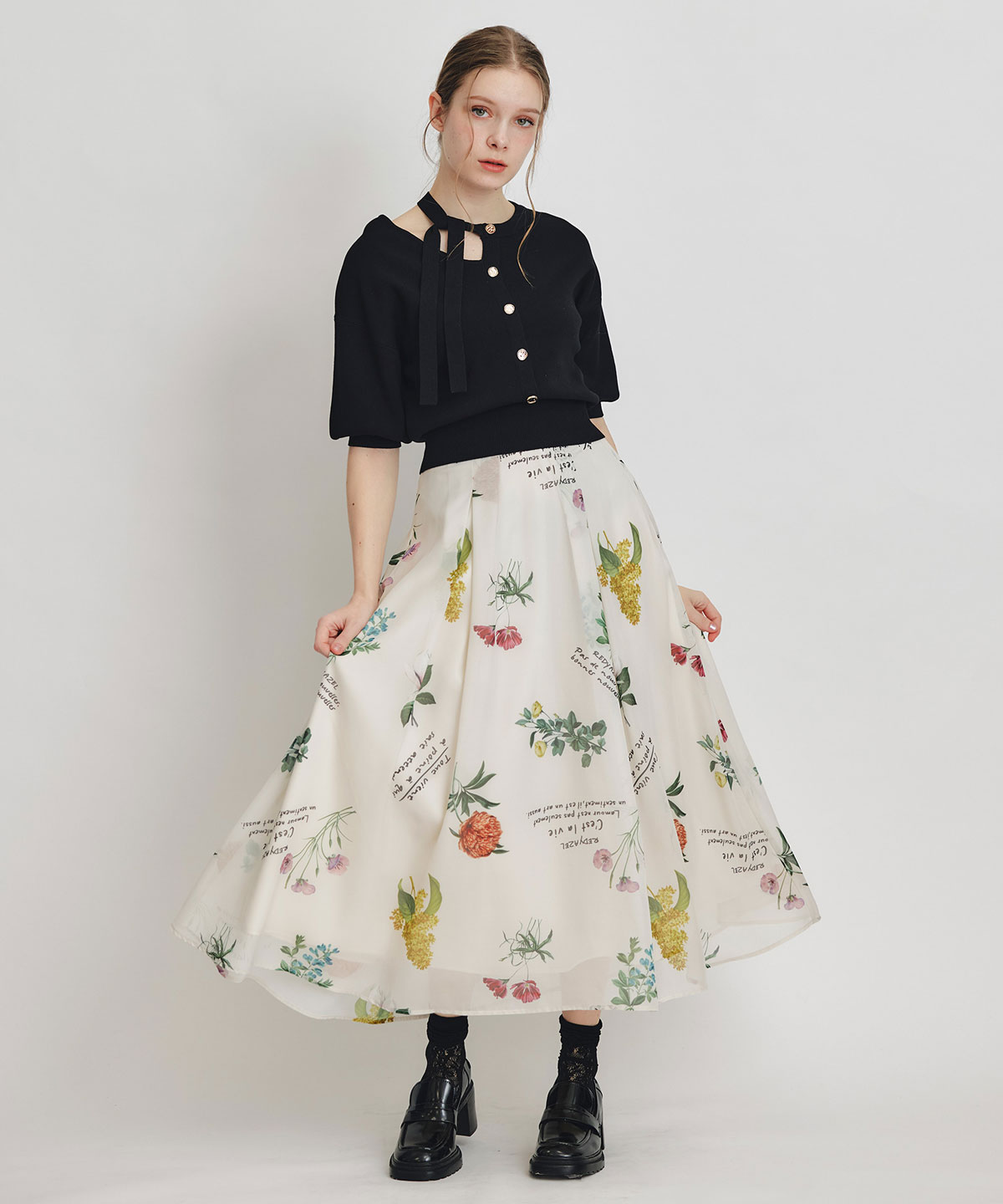 【Sheer Flower Series】シアーフラワータックフレアロングスカート