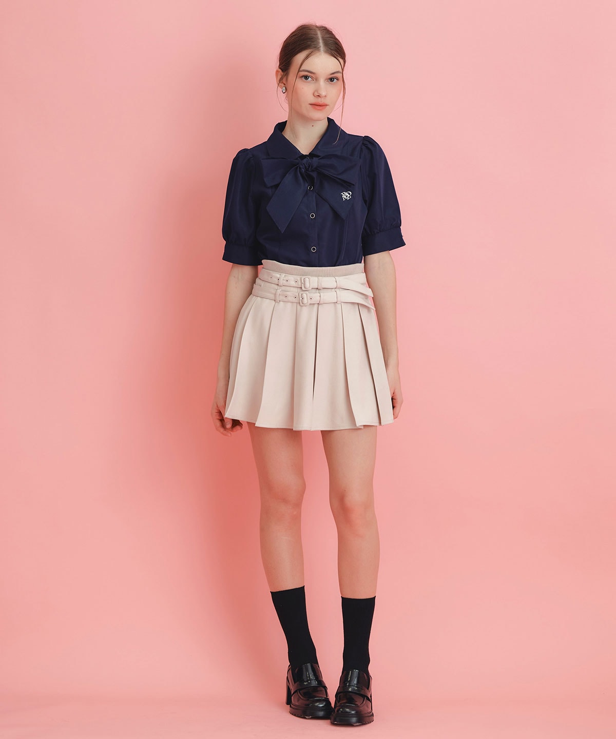 ウエストリブダブルベルトプリーツミニスカート