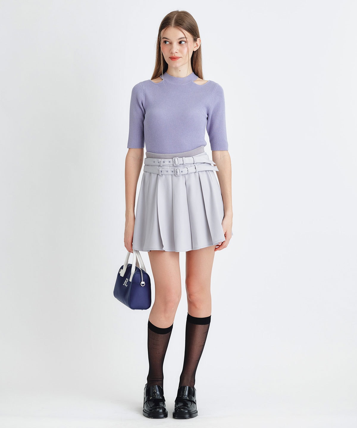 ウエストリブダブルベルトプリーツミニスカート