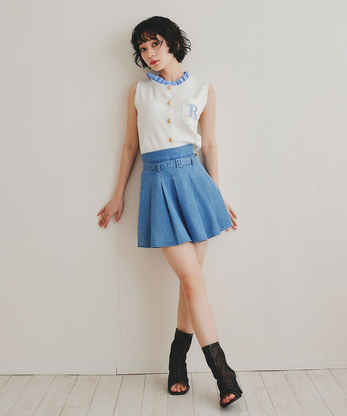 デニムプリーツハイウエストミニスカート