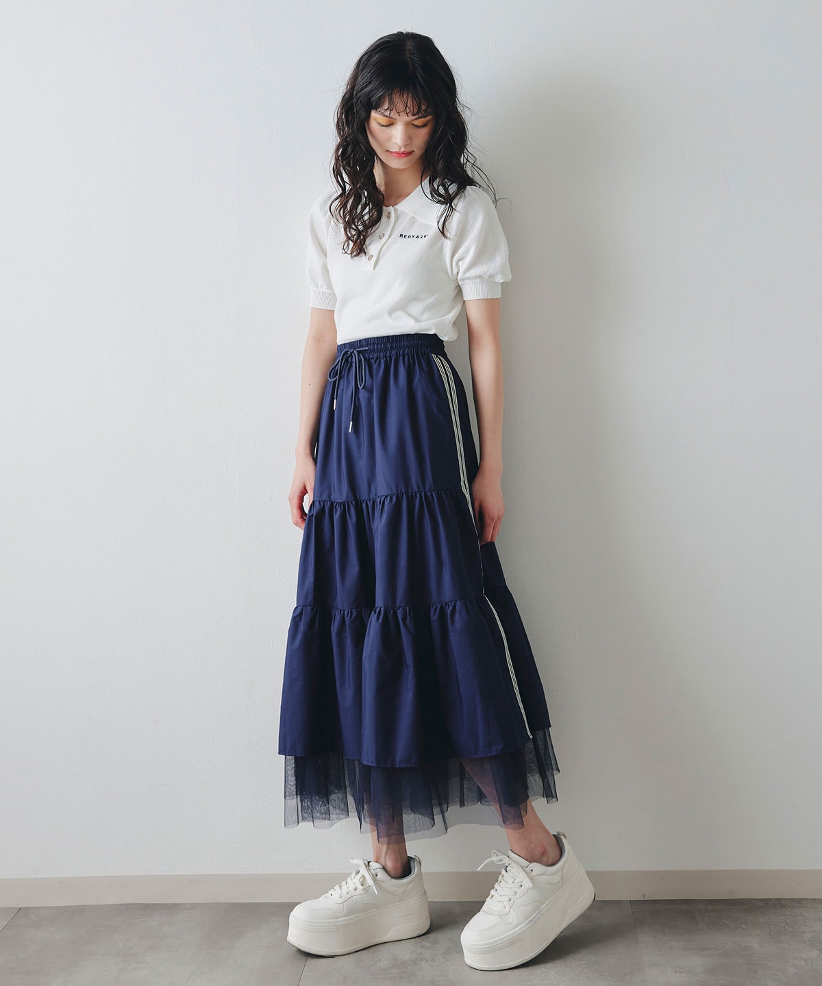 チュールレイヤードラインフレアロングスカート